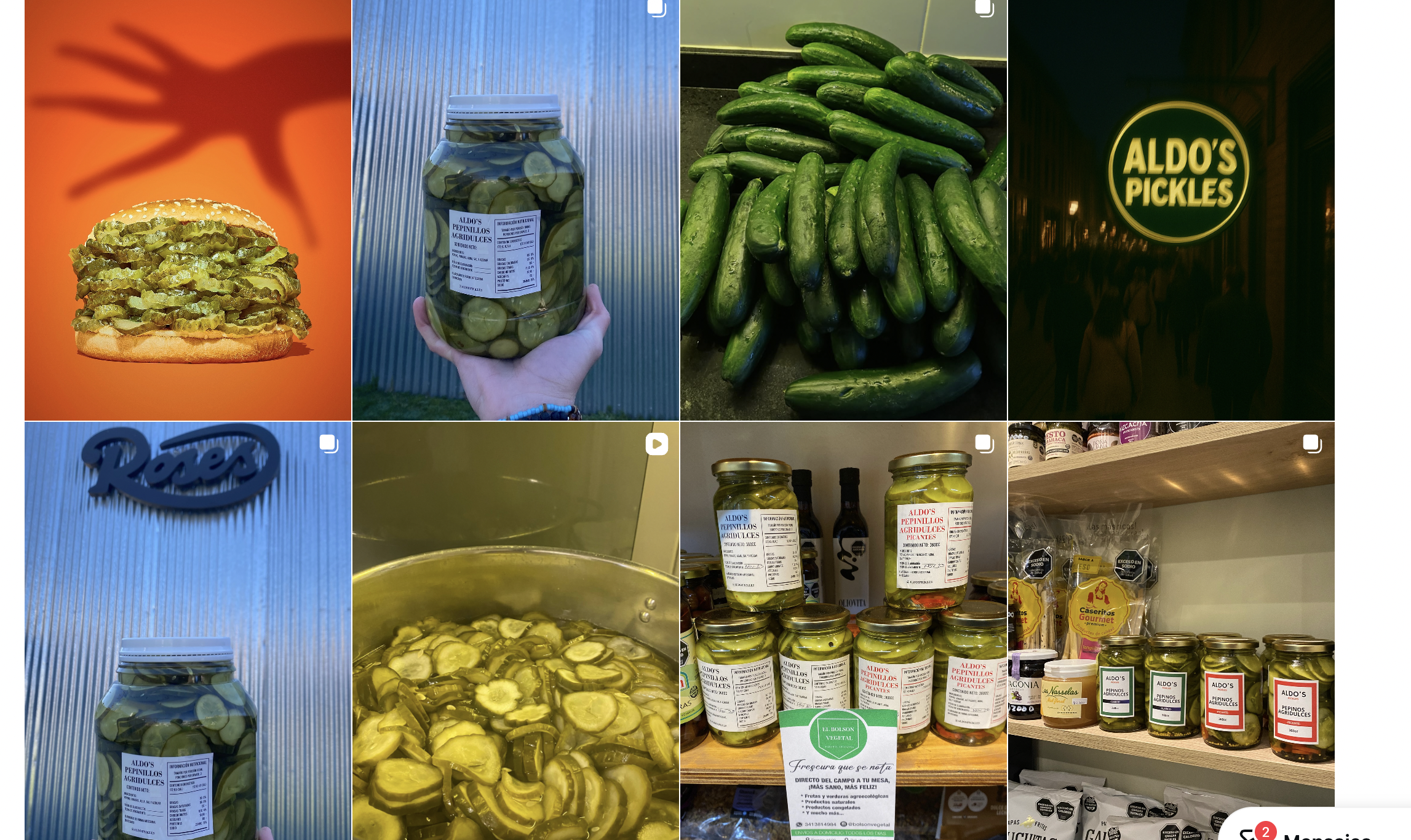 Mosaico visual de Aldo's Pickles con frascos y pepinos